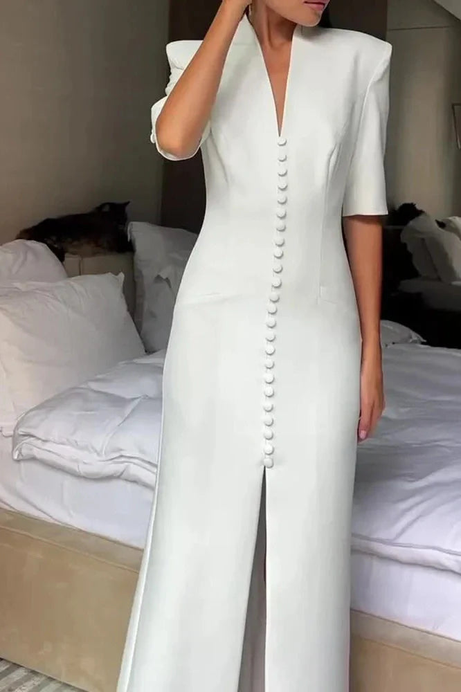 Slim Half Sleeve High Waist Split V-Neck Single Breasted Maxi Dress