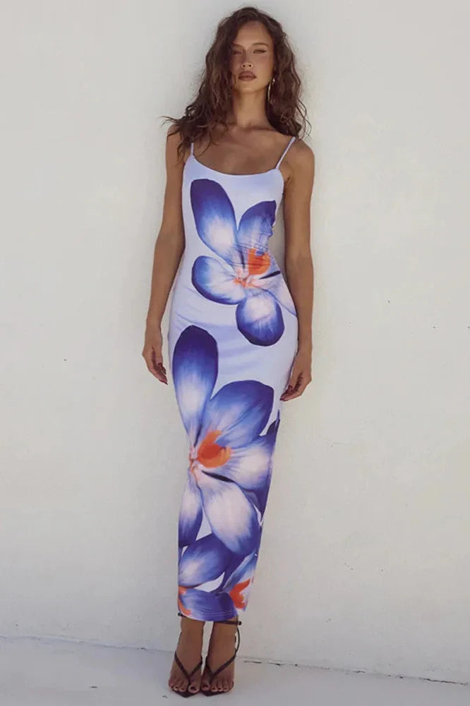Print Spaghetti Strap Sleeveless Backless Midi Dress