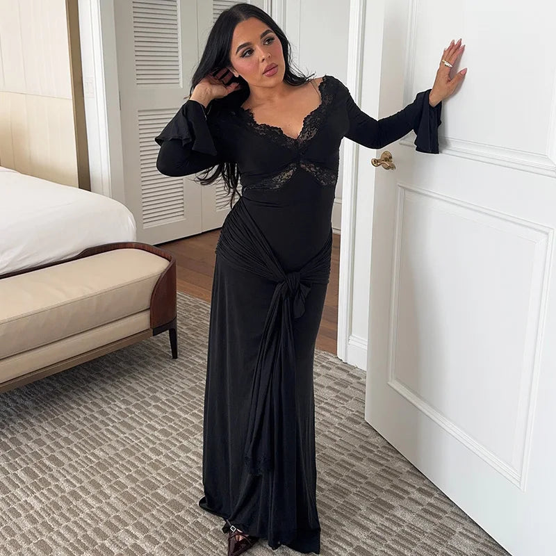Elegant Hollow Out V-Neck Patchwork Maxi Dress