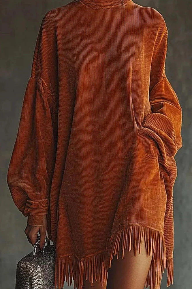 Elegant High Waist Long Sleeve High Collar Loose Mini Dress