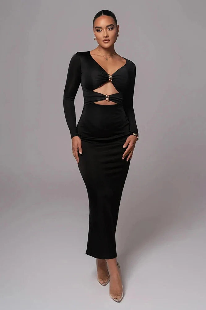 Long Sleeve V Neck Back Split Bodycon Maxi Dress