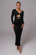 Long Sleeve V Neck Back Split Bodycon Maxi Dress
