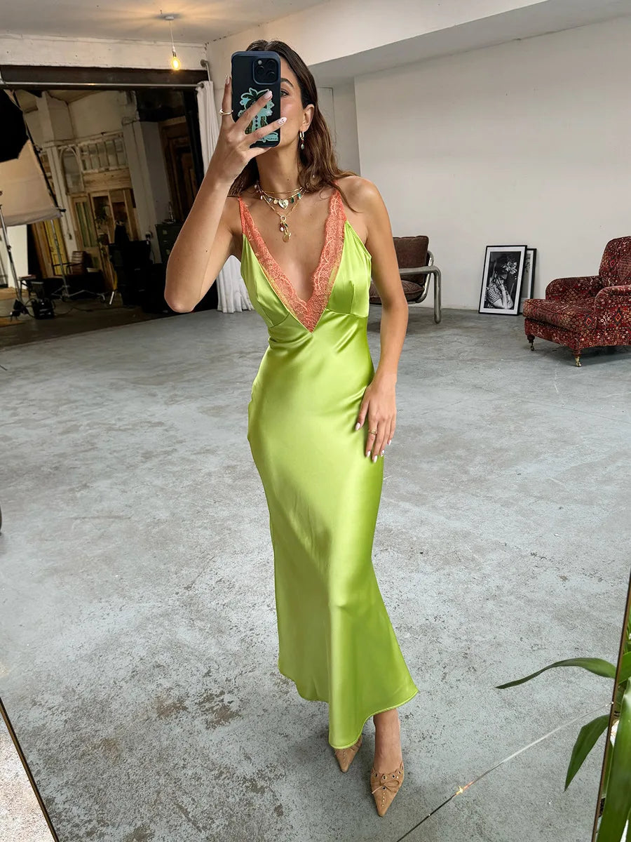 Lace Spaghetti Strap Deep V Neck Bodycon Maxi Dress