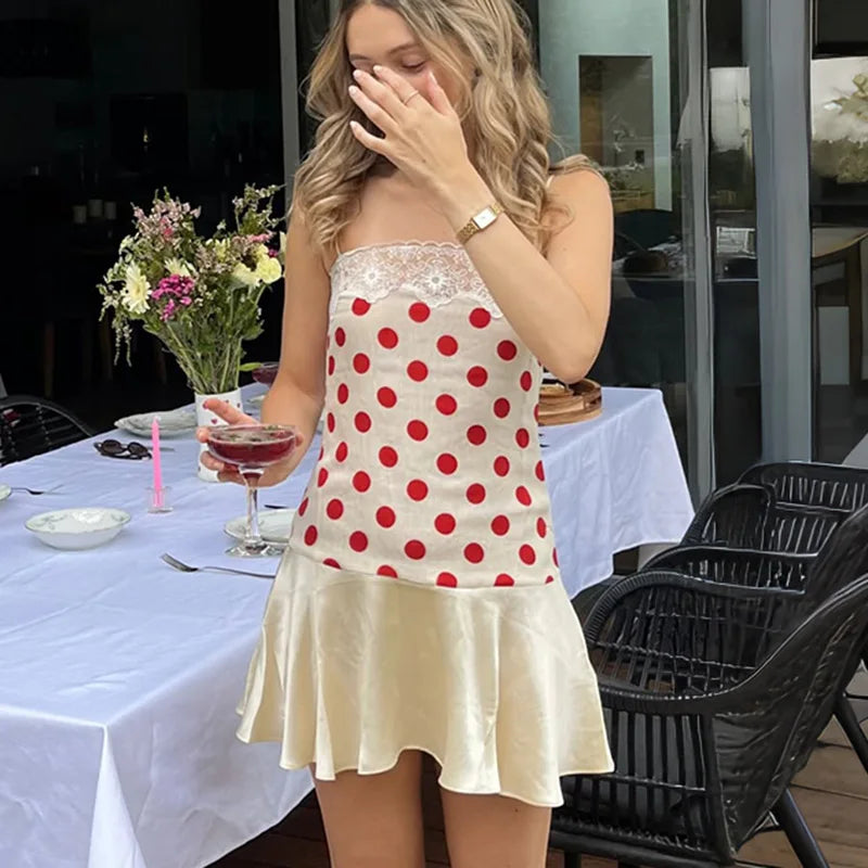 Lace Polka Dot Patchwork Backless Mini Dress