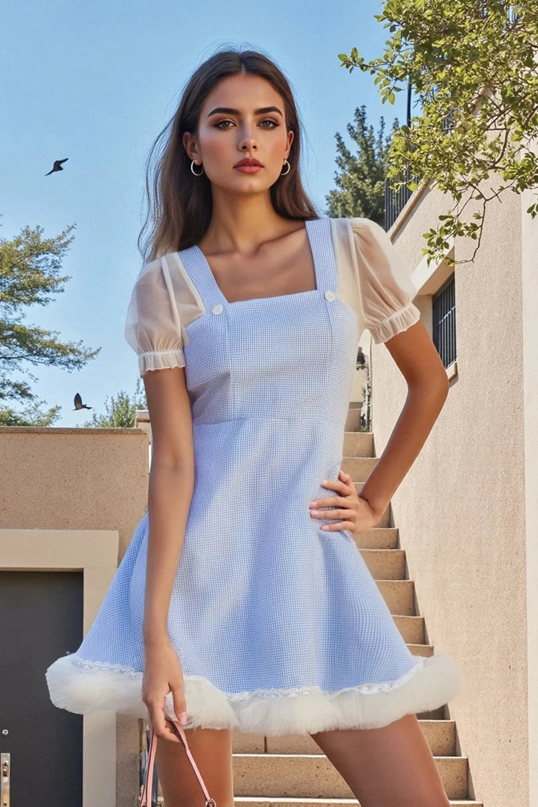 Plaid Square Neck Short Sleeve A-Line Mini Dress