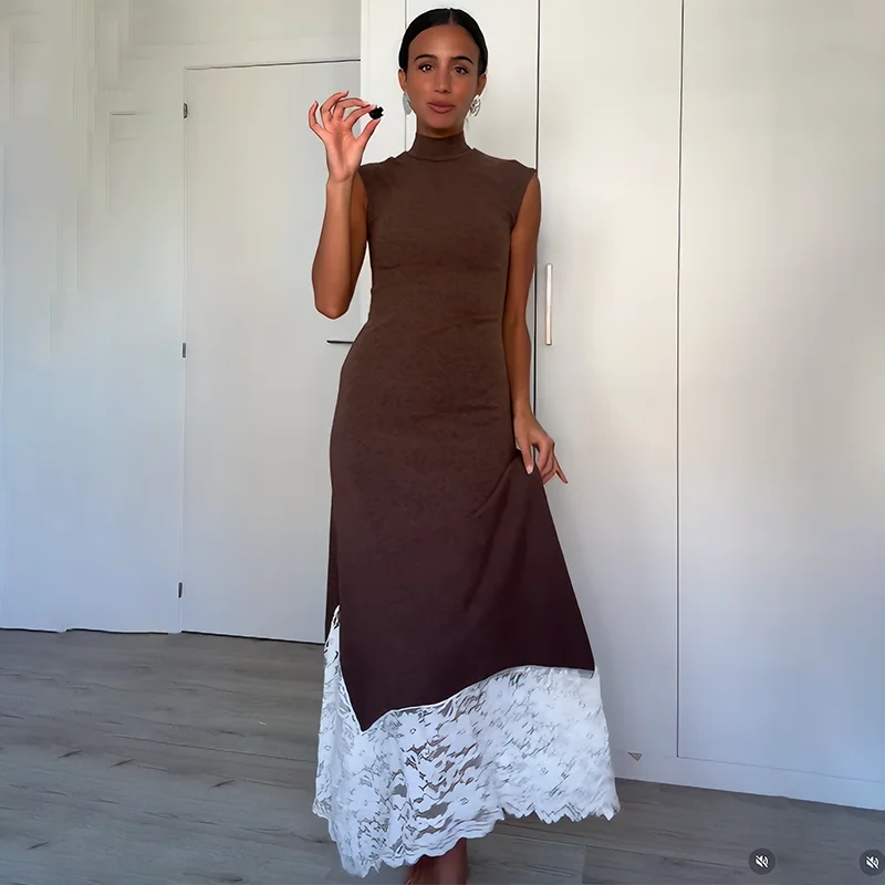 Turtleneck Lace Sleeveless Slim Maxi Dress