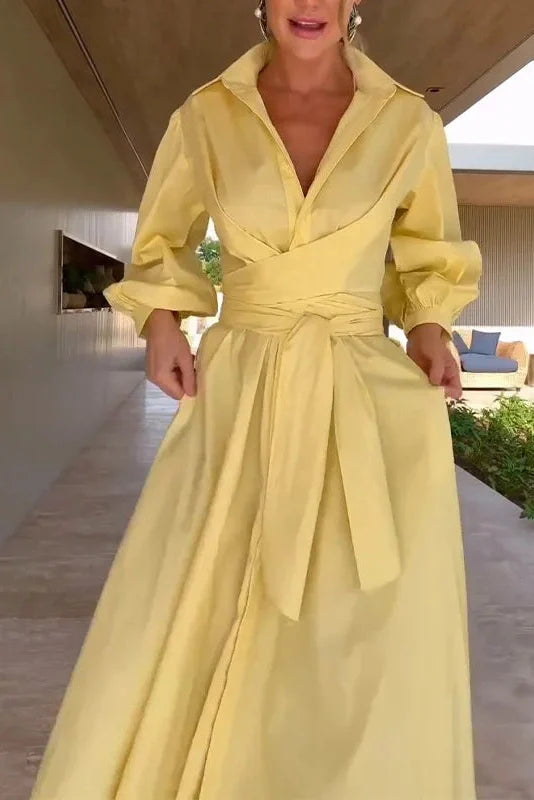 Elegant Single Breasted Long Sleeve Tie-Up Midi Dress