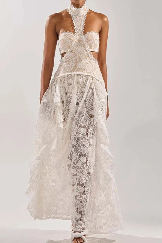 Lace Hollow Out Sleeveless High Waist Pleated Maxi Dress