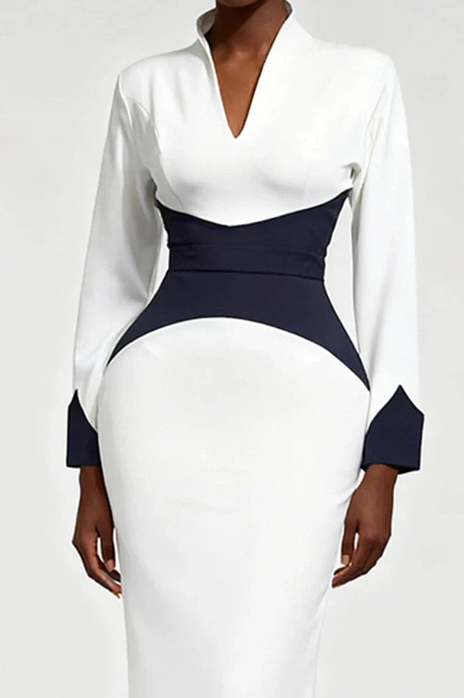 Elegant Long Sleeve Bodycon Deep V-Neck Slim Midi Dress