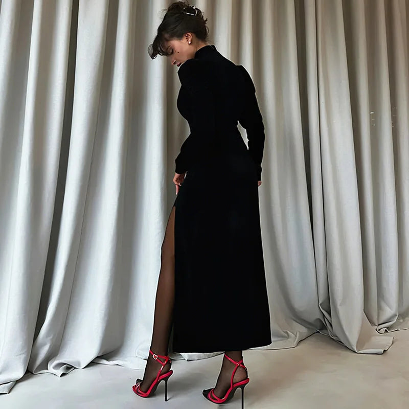 Hollow Out Split Long Sleeve Stand Collar Maxi Dress