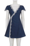Lace Printed Slim High Waist Short Sleeve Mini Dress