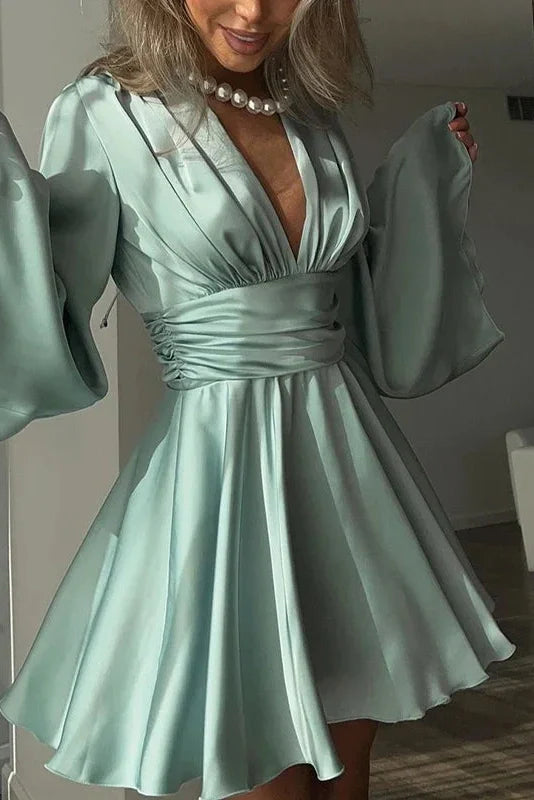 Elegant Long Sleeve Deep V Neck High Waist Mini Dress