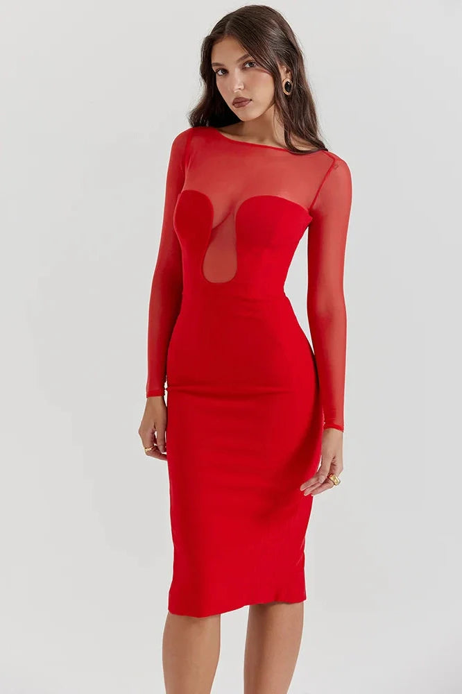 Elegant Long Sleeve Strapless Backless Split Bodycon Midi Dress 2026