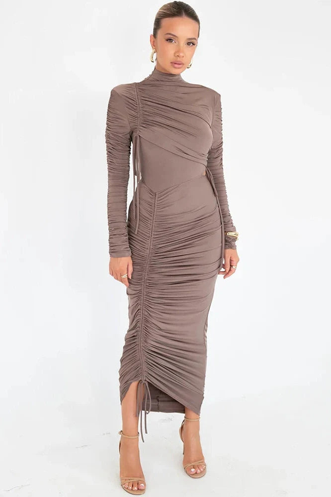 Long Sleeve Ruched Turtleneck Bodycon Maxi Dress