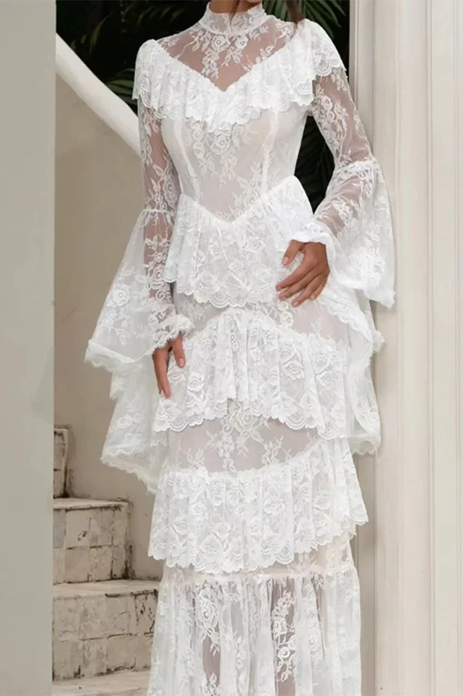 Long Sleeve Lace Embroidery High Waist Maxi Dress