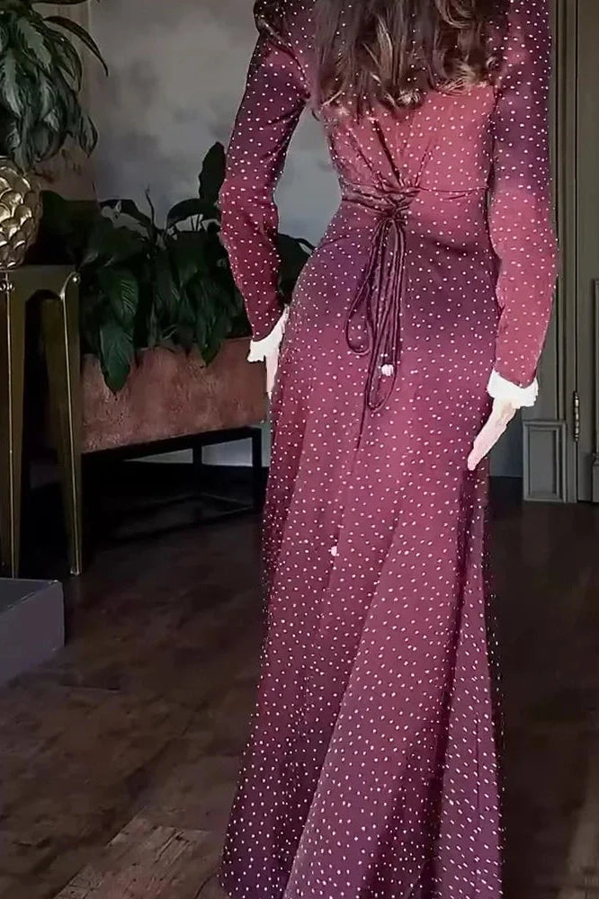 Elegant Long Sleeve Slim Lace Up High Waist Pleat Printed Maxi Dress
