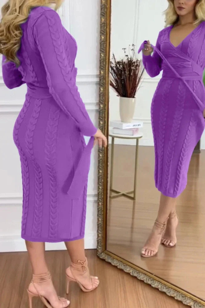 Long Sleeve Slim High Waist V-Neck Midi Dress