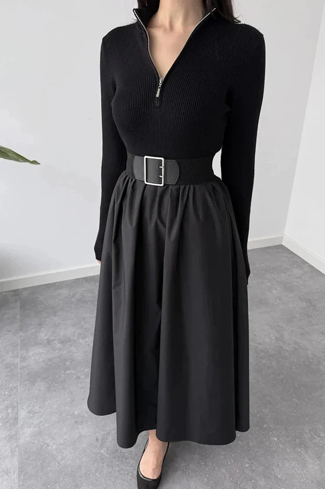 Elegant Zipper Pleated Knitted High Waist Maxi Dress