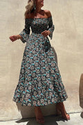 Printed Long Sleeve High Waist Pleated Midi Dress