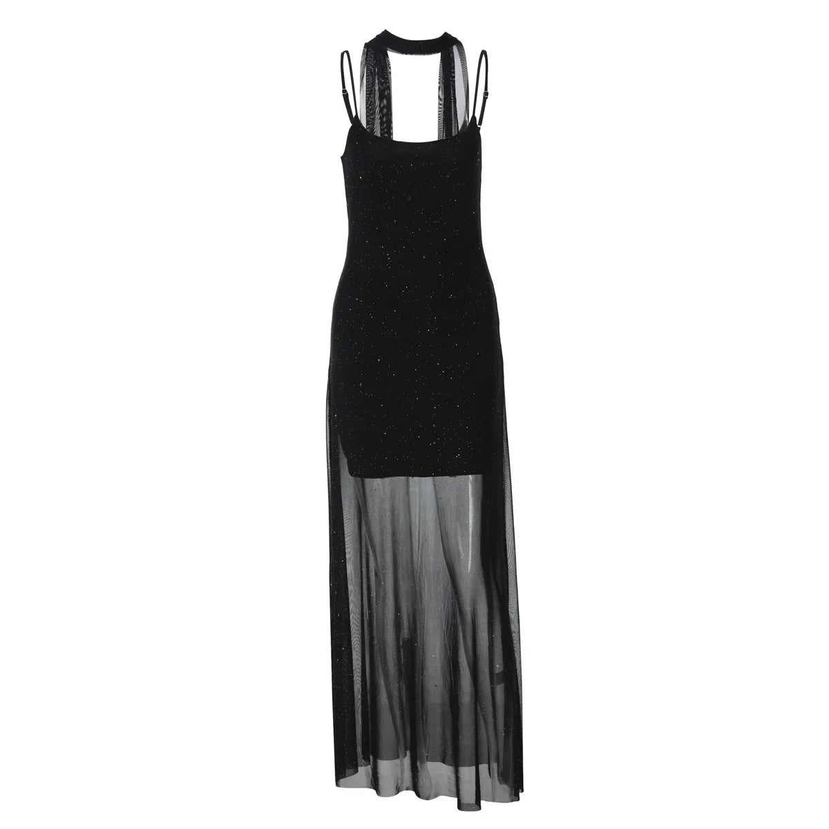 Elegant Lace See-Through Mesh Scarf Maxi Dress