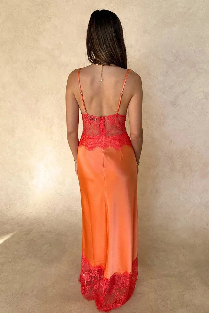 V-Neck Lace Patchwork See-Through Printed Maxi Dress