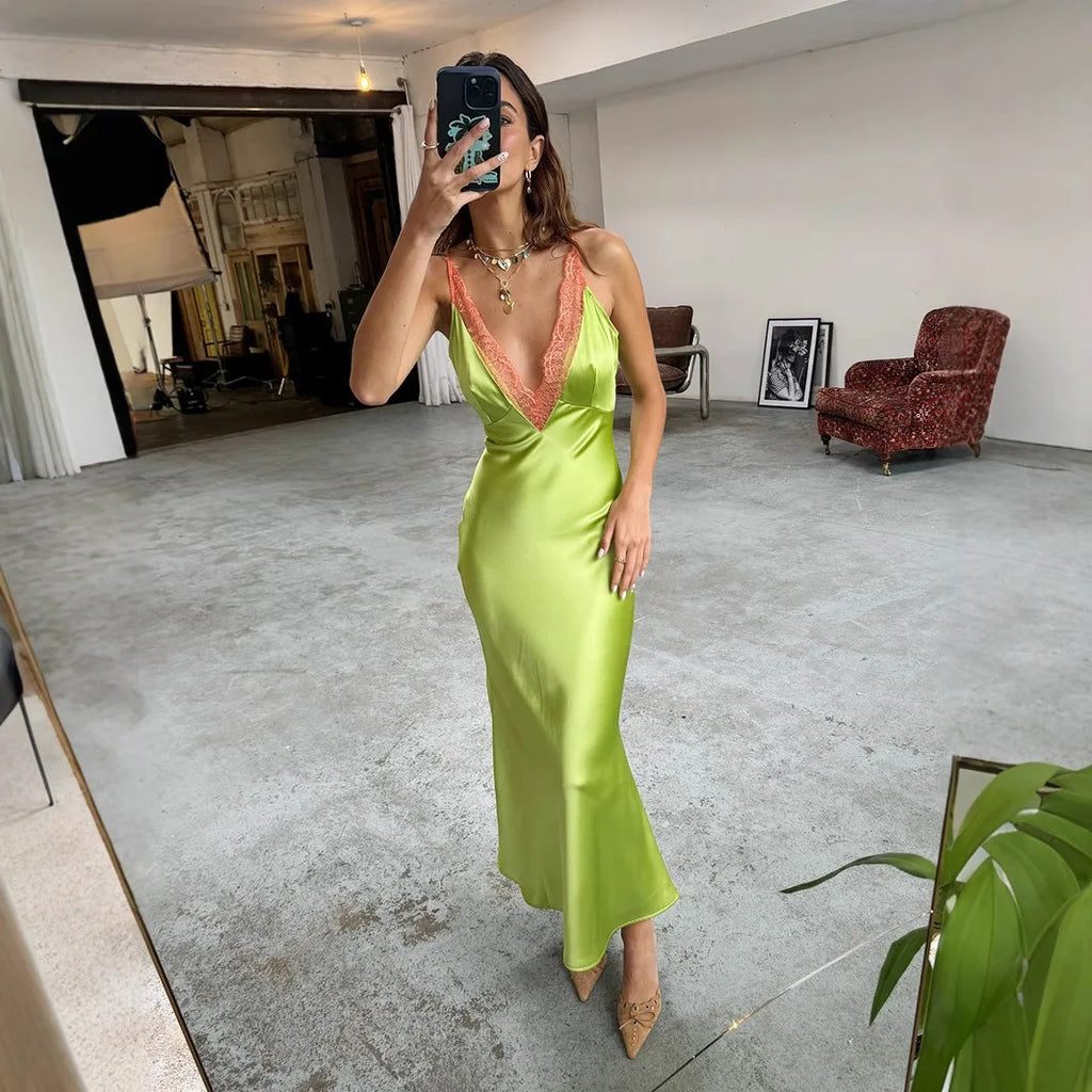 Lace Spaghetti Strap Deep V Neck Bodycon Maxi Dress