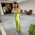 Lace Spaghetti Strap Deep V Neck Bodycon Maxi Dress