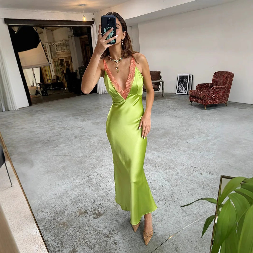 Lace Spaghetti Strap Deep V Neck Bodycon Maxi Dress