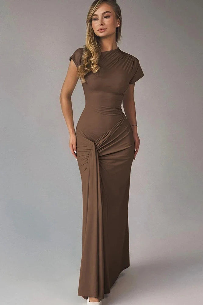 Elegant Slim Pleated Lace Up Short Sleeve Maxi Dress