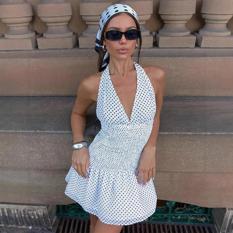 Polka Dot Pleated Lace Sleeveless Mini Dress