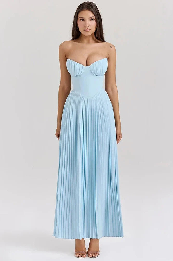 Off-shoulder Strapless Sleeveless Backless Pleated Maxi Dress