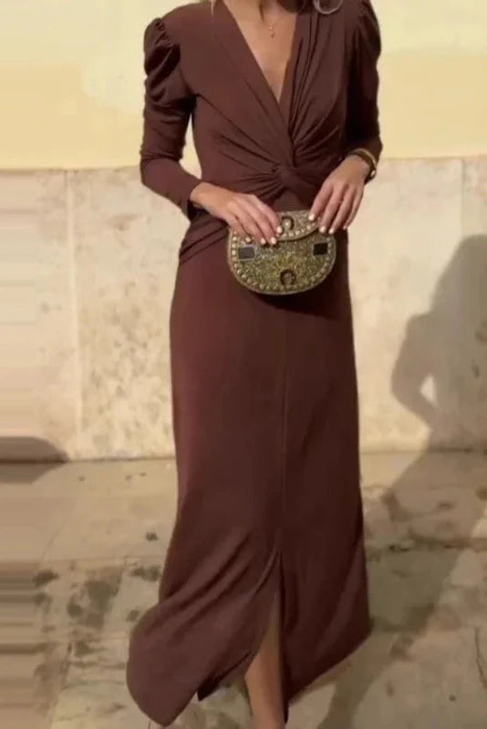 Elegant V-Neck Slim Long Sleeve High Waist Maxi Dress