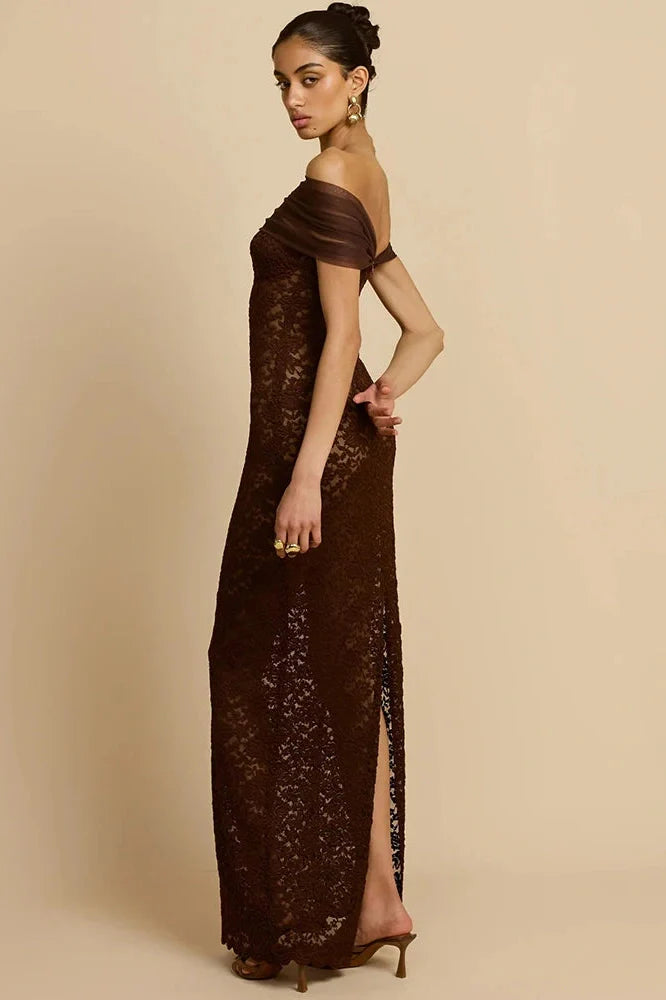 Lace Off-Shoulder See Through Strapless Sleeveless Split Bodycon Maxi Dress