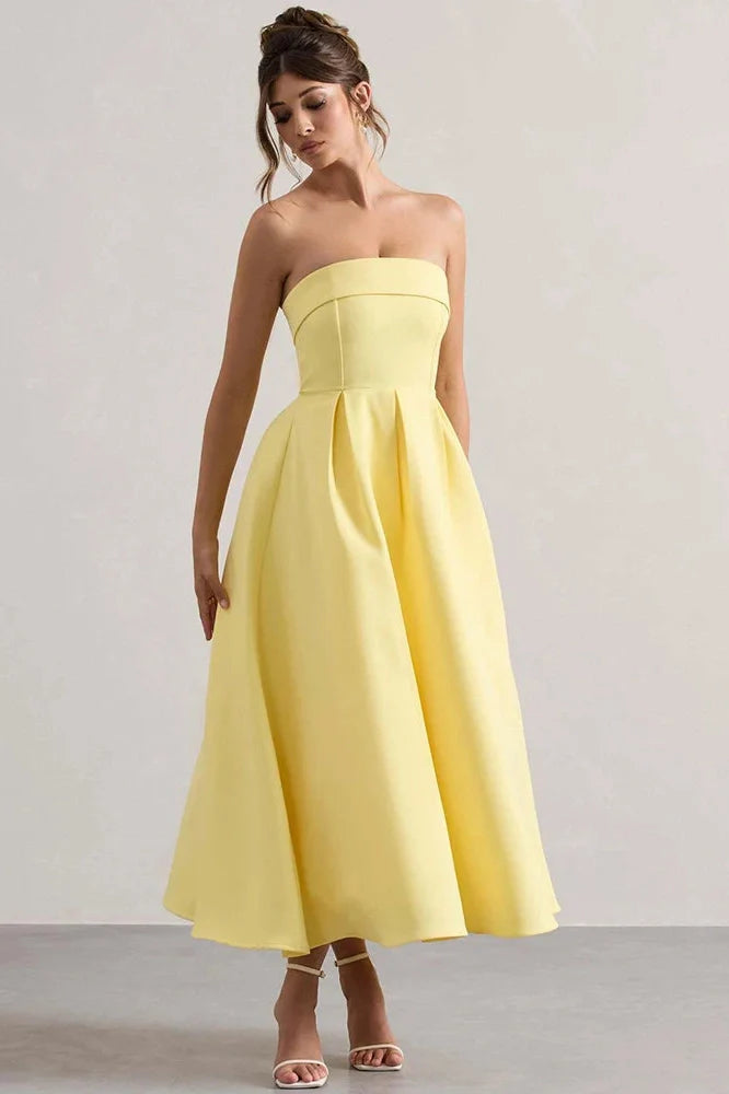 Off-Shoulder Strapless Sleeveless Backless High Waist A-Line Midi Dress