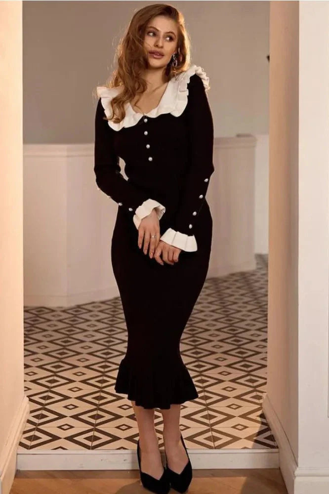 Patchwork Knit Long Sleeve Slim Midi Dress