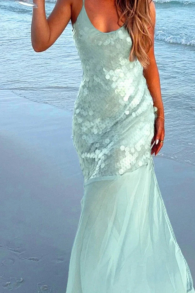 U Neck Backless Sleeveless High Waist Maxi Dress