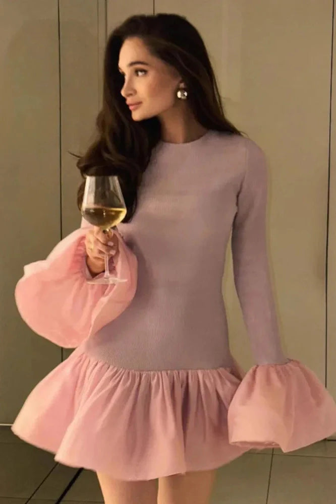 Long Flare Sleeve Patchwork O-Neck A-line Mini Dress