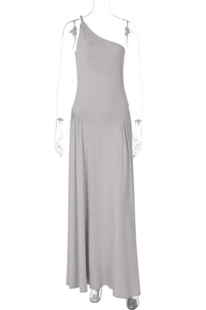Inclined Shoulder Backless Sleeveless Pleated Maxi Dress