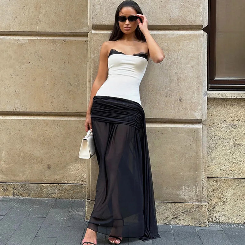 Lace Strapless See Through Patchwork Maxi Dress