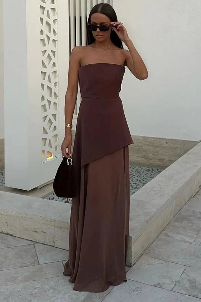 Elegant Strapless Sleeveless Mesh Maxi Dress
