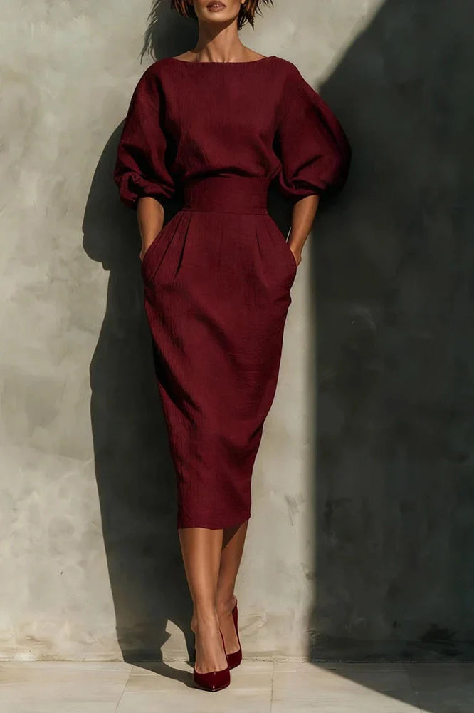 Elegant A-Line O-Neck Lantern Sleeve High Waist Pleated Midi Dress