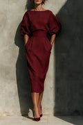 Elegant A-Line O-Neck Lantern Sleeve High Waist Pleated Midi Dress