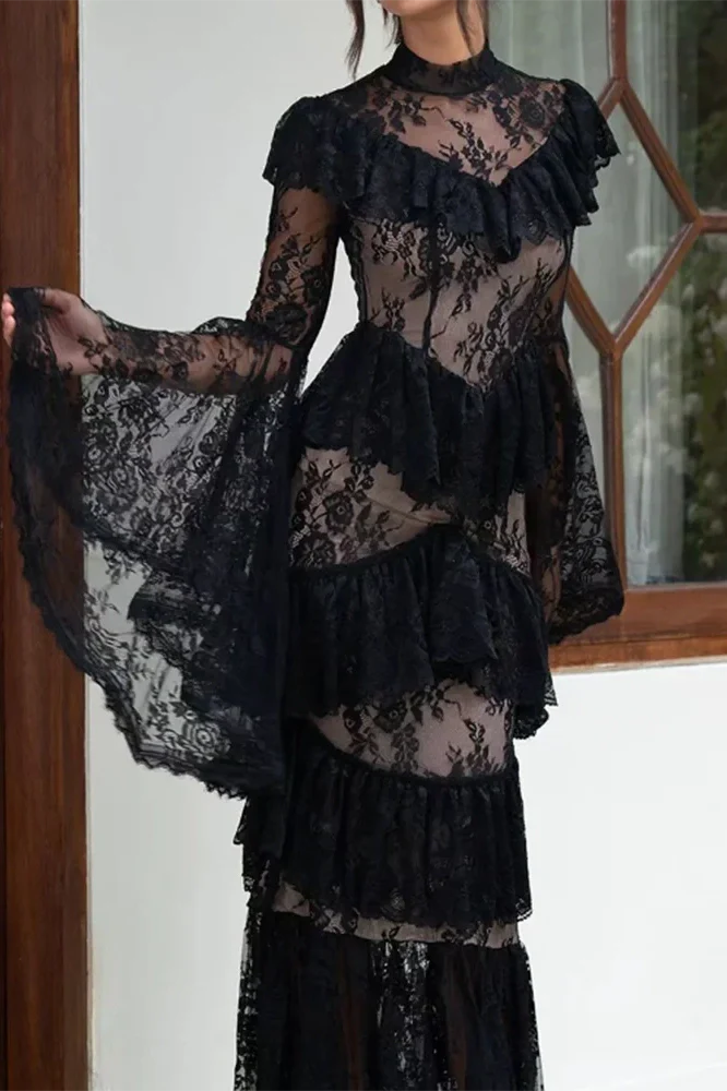 Long Sleeve Lace Embroidery High Waist Maxi Dress