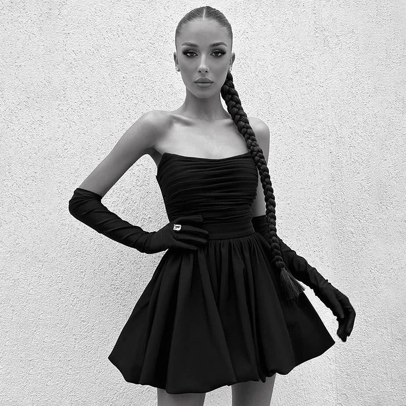 Pleated Strapless High Waist A-Line Mini Dress