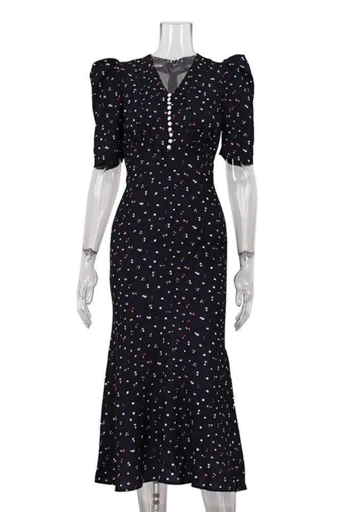 Elegant Printed Puff Sleeve V-Neck High Waist Maxi Dress