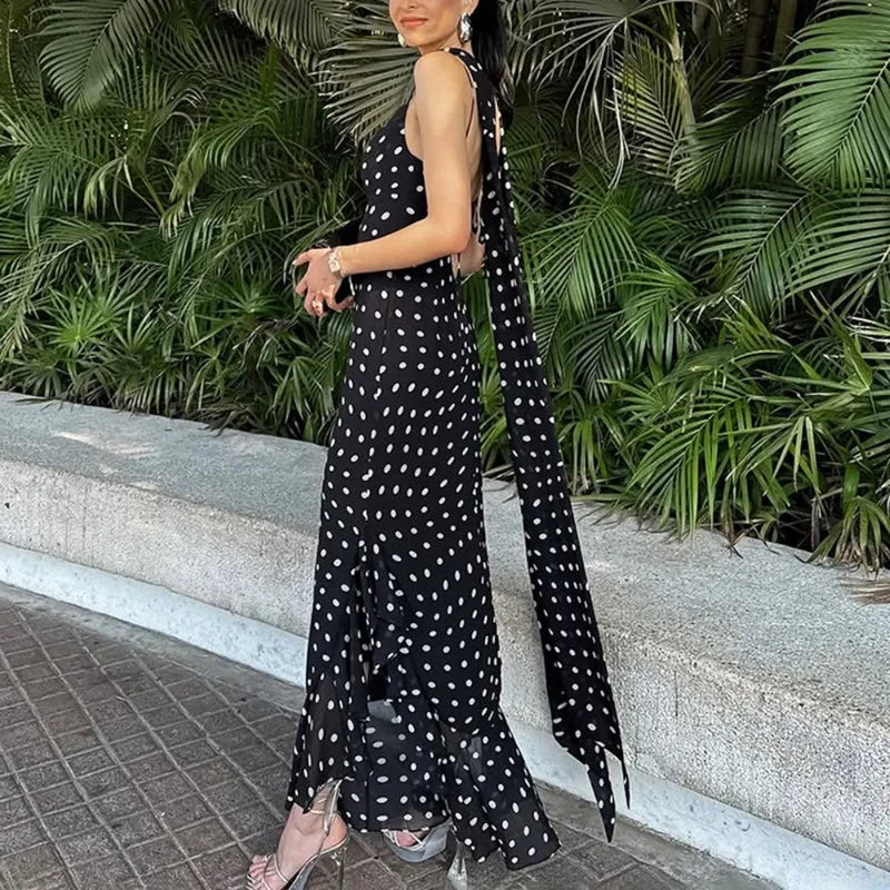 Elegant Polka Dot Scarf Ribbon Pleated Maxi Dress