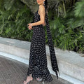 Elegant Polka Dot Scarf Ribbon Pleated Maxi Dress