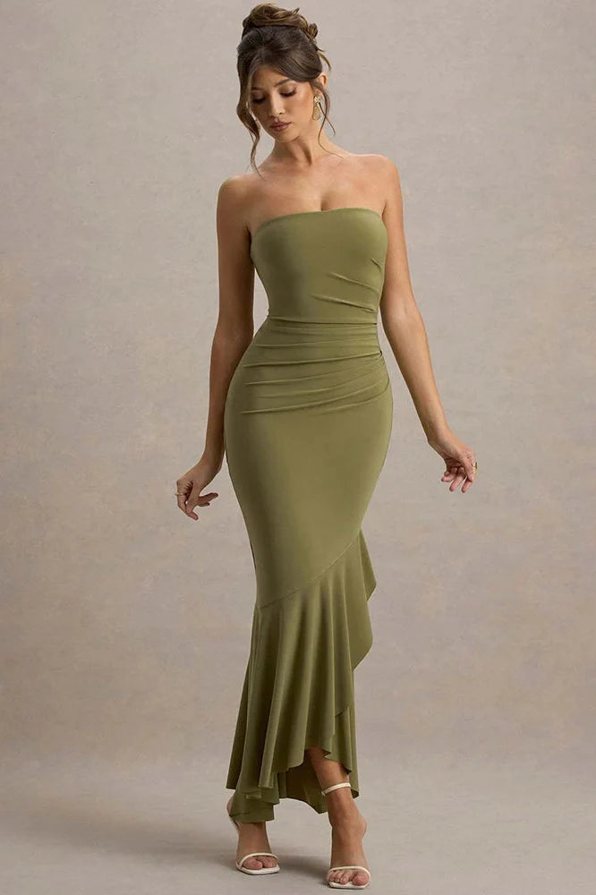 Off-Shoulder Strapless Sleeveless Backless Bodycon Pleated Maxi Dress