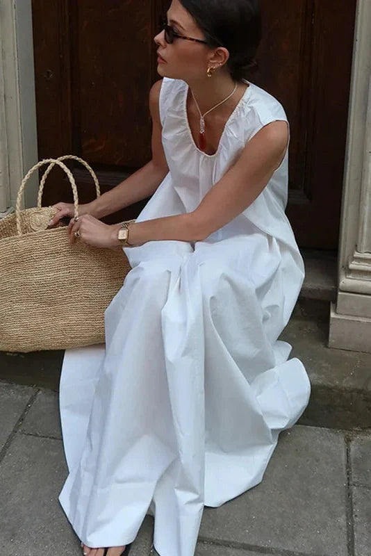 Sleeveless Cotton U-Neck Loose Maxi Dress