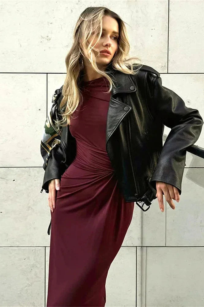 Pleated Slim High Waist Long Sleeve Patchwork Maxi Dress